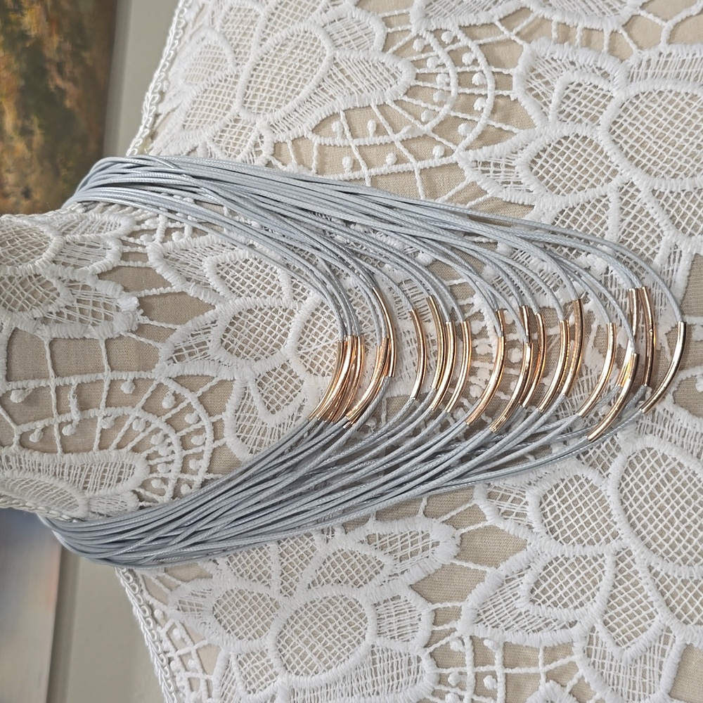 Multi Layered Gray Faux Leather And Rose Gold Tube Necklace